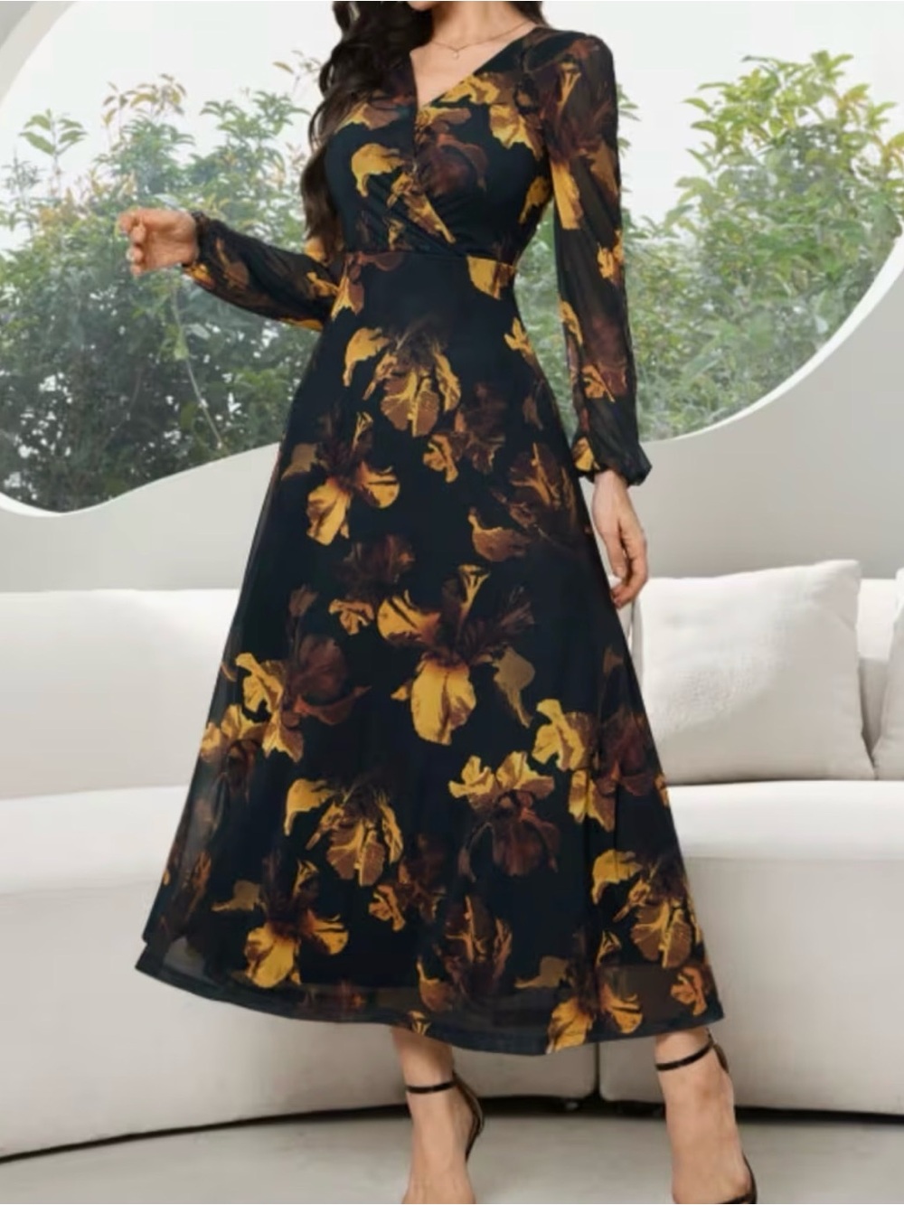 Floral Long Sleeve Maxi Dress - Black & Mustard